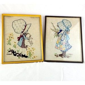 2 Vintage Holly Hobbie Embroidery Framed Artwork 70s Retro Prairie 12 X 15